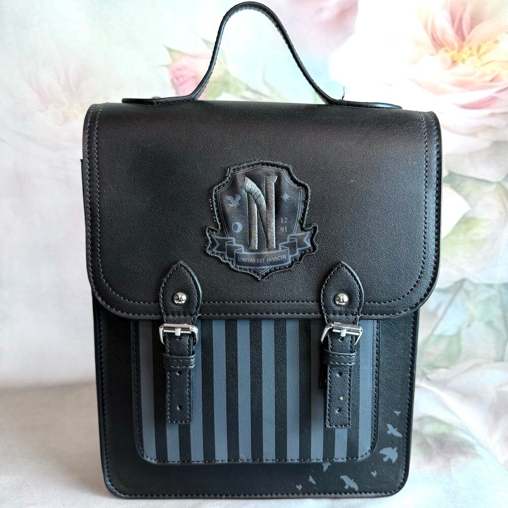 NWOT Wednesday Addams Nevermore Academy Faux Leather Striped Backpack